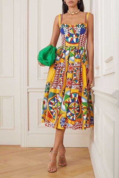 Ahzem Collection Dijital Baskı Kalp Yaka Elbise