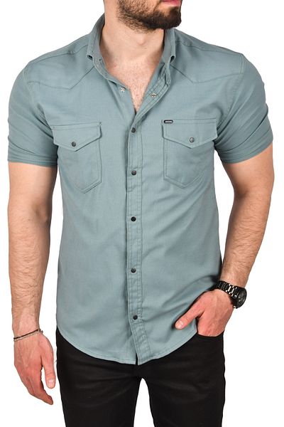 DeepSEA Ανδρικό πράσινο Slim Fit βαμβακερό κοντομάνικο πουκάμισο με κοντό μανίκι Easy Ironing Snap Fastener Sports πουκάμισο με τσέπες