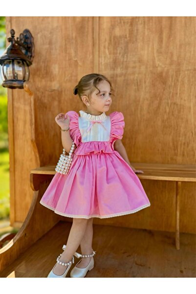 Hly Karol Tasarım Vintage φόρεμα για κοριτσάκι με ροζ φιόγκο, φόρεμα γενεθλίων, φόρεμα φωτογράφισης, κατάλληλο για 0-7 ετών