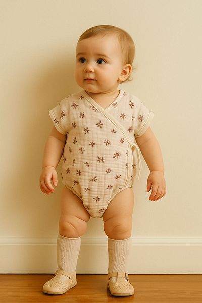 Minytrendy Baby Girl Summer Muslin Romper Newborn Baby Romper Socks Short Sleeve Kimono Body