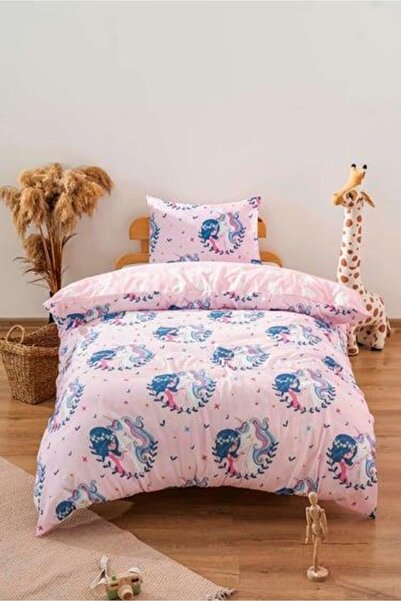 Zethome Unicornlu Pembe Çift Taraflı Kız Çocuk Nevresim Takımı Pamuklu 160x22...