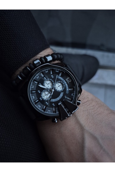 WERWOLF BAY KOL SAATİ SETİ, DERİ KORDONLU, SİYAH RENK, GÜMÜŞ RENK ÇAKMAKLI