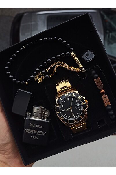 WERWOLF METAL KASA METAL KORDON, GOLD RENK, ERKEK KOL SAATİ, KİŞİYE ÖZEL ÇAKMAKLI