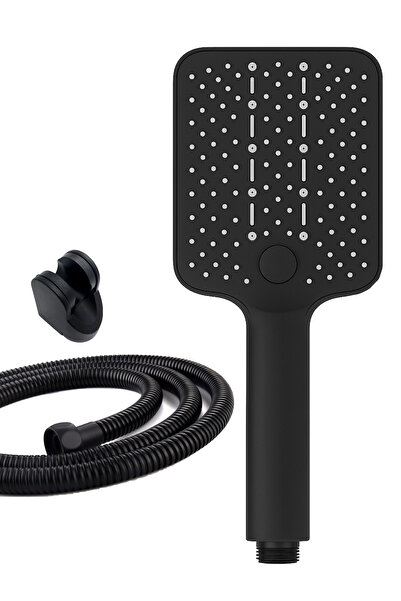 Ahlez Vera Kare 4 Fonksiyon Mafsallı Mat Siyah Duş Başlığı Seti Örgülü Hortumlu Duş Seti