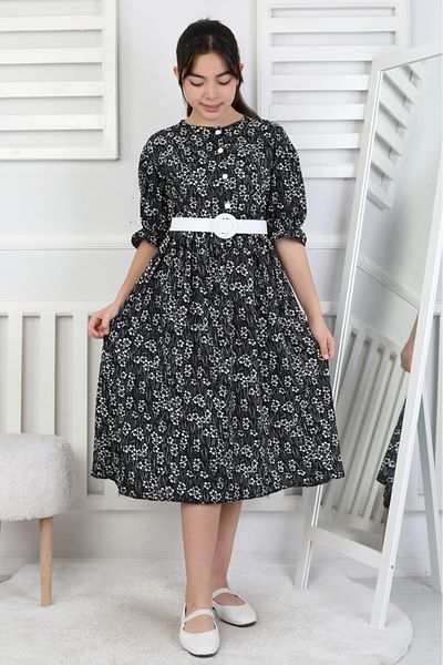 ARBİ kids Female Child Black Flower Print Long Summer Dress Eid