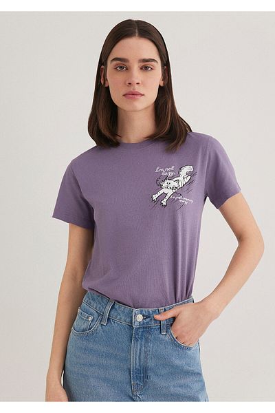 Mavi Fialové tričko s potiskem pro kočky Slim Fit / Slim Fit1612233-70608