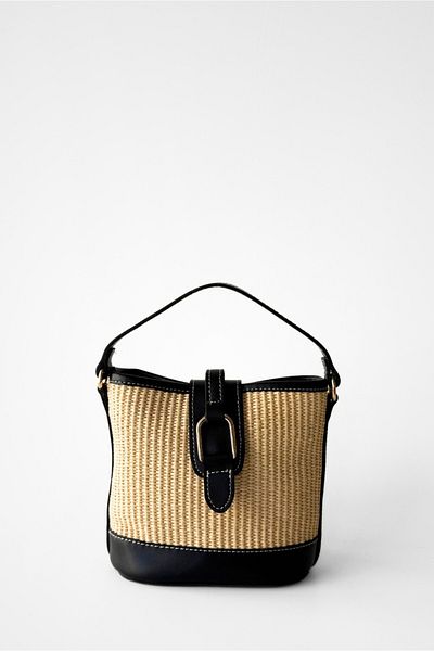 Yuka Atelier Solis Faux Leather Detailed Cross-Use Mini Straw Hand and Shoulder Bag