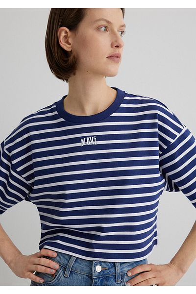 Mavi Potištěné logo Striped Striped Navy Blue Crop Tričko Crop / Short Cut1612228-86681