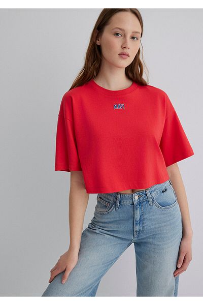 Mavi Rotes, kurzes T-Shirt mit Logo-Aufdruck, kurz geschnitten, 1611585-71083