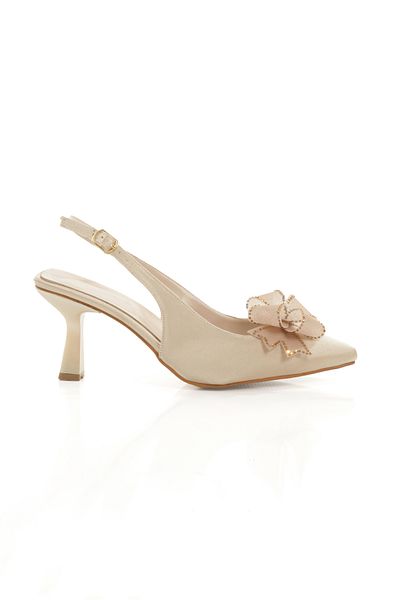 moun shoes Women's Beige Satin Imported Bow Stiletto Pointed Toe Slingback Heeled Shoes 9 cm