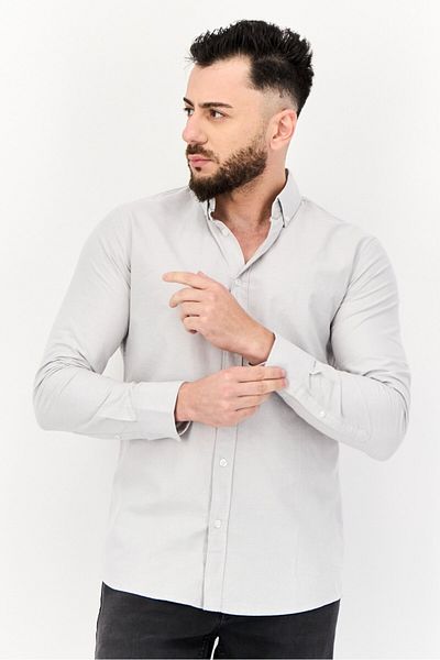 Algspar Men Regular Fit Long Sleeves Plain Casual Shirt, Grey