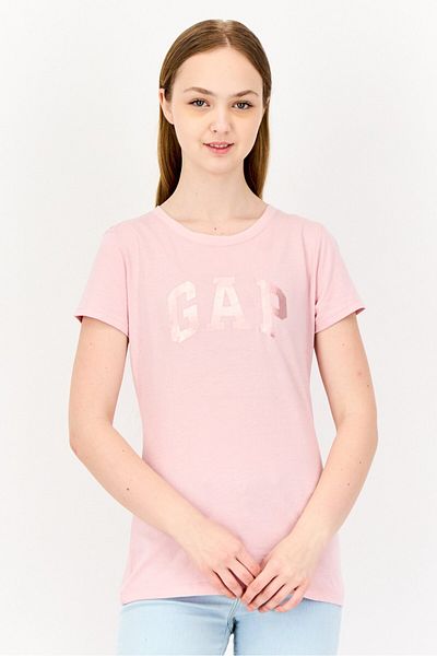 GAP Women Round Neck Short Sleeve Graphic Print T-Shirt, Ash Pink