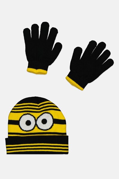Minions طقم قبعة وقفازات للأولاد من قطعتين، أسود