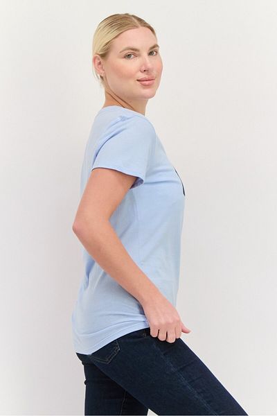 GAP بلوزة نسائية بأكمام قصيرة وياقة دائرية وشعار العلامة التجارية، أزرق فاتح/كحلي