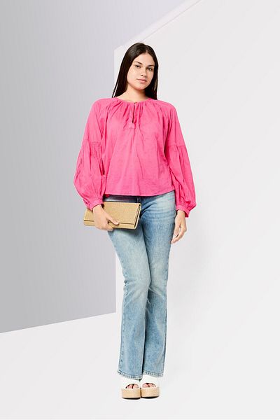 Scotch & Soda Women Crew Neck Cuffed Sleeves Embroidered Blouse, Pink