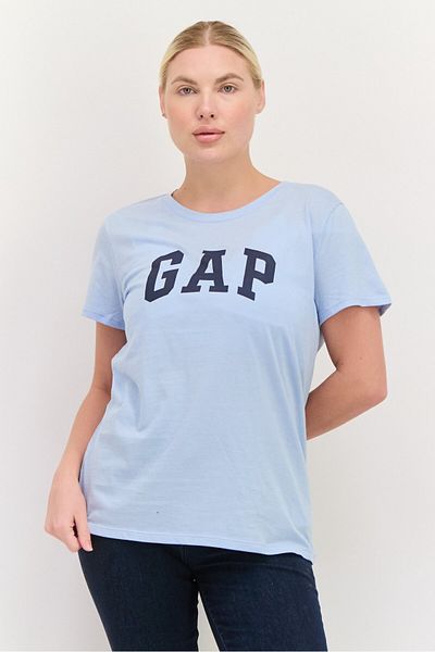 GAP بلوزة نسائية بأكمام قصيرة وياقة دائرية وشعار العلامة التجارية، أزرق فاتح/كحلي