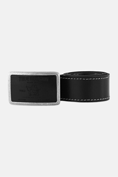 True Religion Men Ticket Inlay Plaque Buckle Leather Belt, Black
