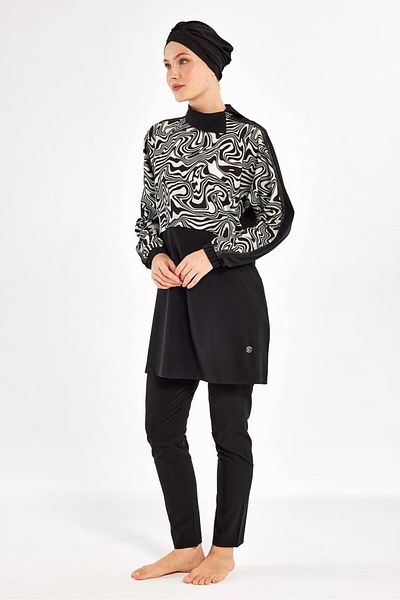 Bordomix 1224 Women's Black Zebra Patterned Hijab Swimsuit