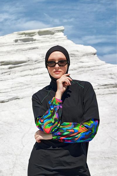 Bordomix 1227 Women's Black Sleeves Patterned Long Hijab Swimsuit