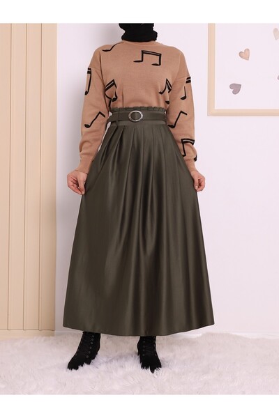 HİJABAYA Pleated Belted Winter Suede Hijab Skirt