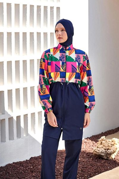 Bordomix 1501 Women's Navy Blue Leaf Patterned Hijab Swimsuit