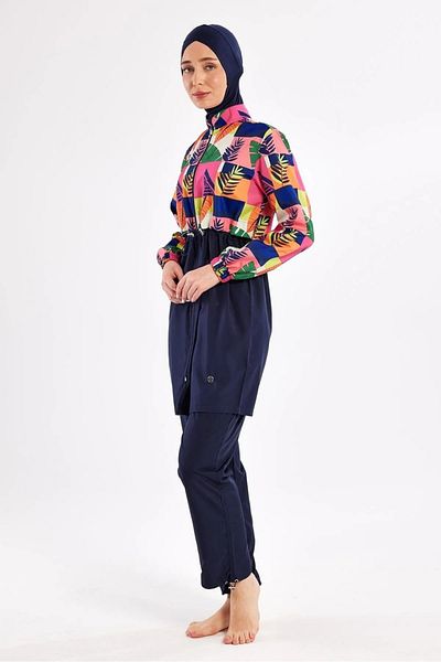 Bordomix 1501 Women's Navy Blue Leaf Patterned Hijab Swimsuit