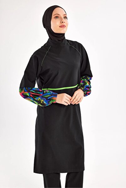 Bordomix 1227 Women's Black Sleeves Patterned Long Hijab Swimsuit