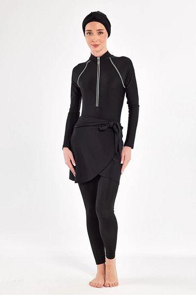 Bordomix 1114 Women's Black Swimsuit Hijab Swimsuit with Skirt