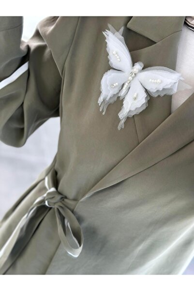 BÜRDE Ceketi Broşlu Haki Renk Kadın Takım