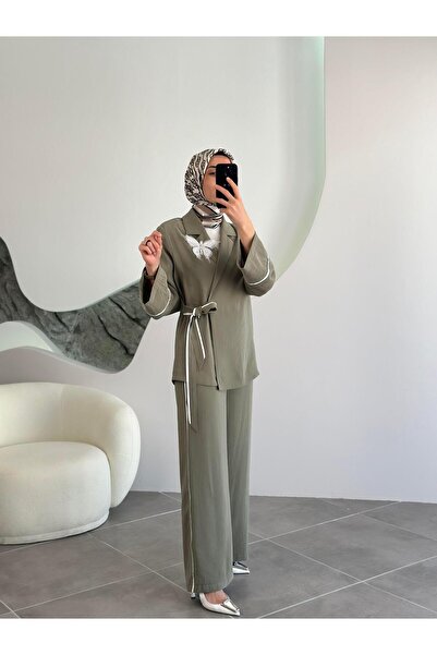 BÜRDE Ceketi Broşlu Haki Renk Kadın Takım