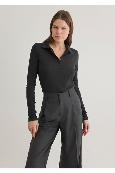 Mavi Polo Neck Long Sleeve Anthracite T-Shirt Fitted / Body Fitted Cutout 1612927 -70087