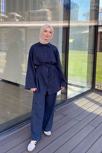 SİNDAL Double Button Linen Suit 31-2282 - Dark Blue