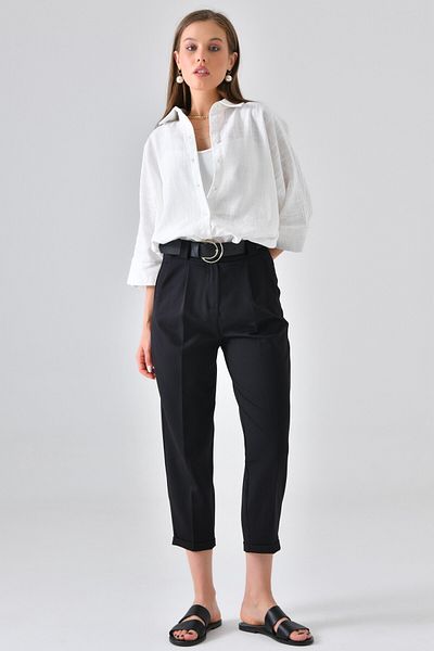 Saade Black Ankle Length Pleated Double Leg Trousers