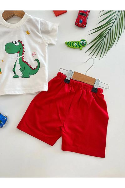 baume clothes Dinosaur Patterned Red Men's Bottom-Top Suit 100% Cotton