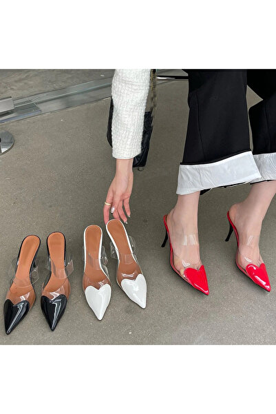 TrendyAnka Lady Siyah Rugan Şeffaf Kalp Model 8 Cm Sivri Burunlu İnce Topuklu Kalpli Ayakkabı Stiletto