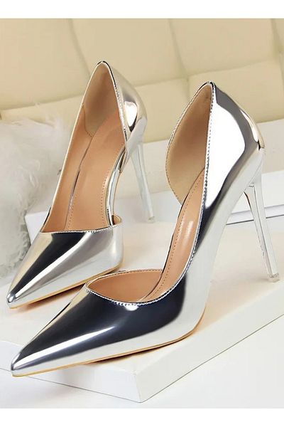 TrendyAnka Women's Silver Nude Patent Leather Side Slit 8cm Thin Transparent Cover Heels Stiletto Evening Dress Shoes