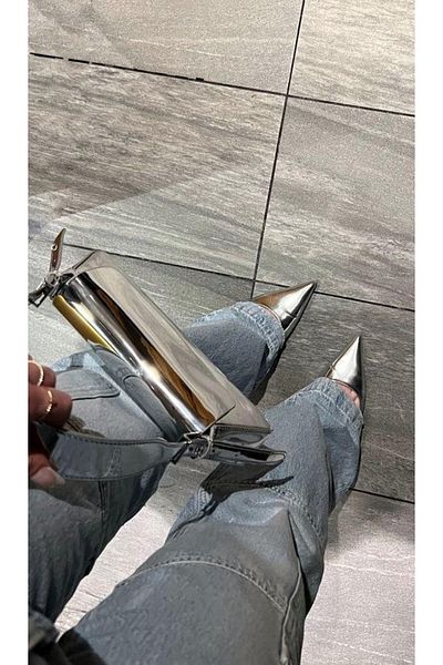 TrendyAnka Women's Silver Nude Patent Leather Side Slit 8cm Thin Transparent Cover Heels Stiletto Evening Dress Shoes