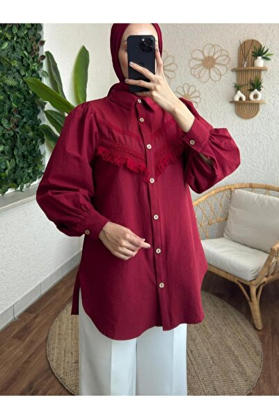 HİJABAYA قميص بأكمام بالون كوبرا خام مزين بشراشيب