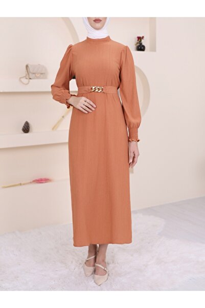 HİJABAYA Belt Chain Detailed Crinkle Hijab Dress