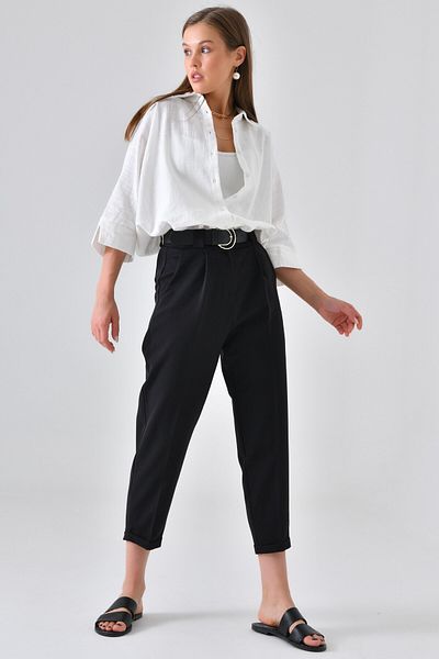 Saade Black Ankle Length Pleated Double Leg Trousers