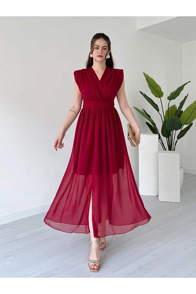 DKS Double Breasted Collar Front Slit Padded Sleeveless Midi Length Chiffon Dress