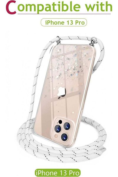 UNDEUX Husă iPhone 13 Pro cu șnur, silicon/textil, albă/transparentă, 6,1 inci