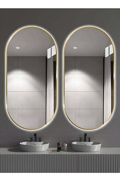 Taimi Set of 2 Oval Wall Mirrors with Gold Frame and 3-Color LED Touch Light Bathroom Bedroom 120x60cm