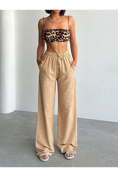 BEJNA Γυναικείο λινό Camel Loose Cut Palazzo Παντελόνι