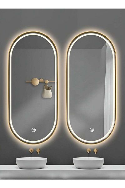 Taimi Set of 2 Oval Mirrors with Gold Aluminum Frame and 3-Color Touch Lighting for Bathroom 120 x 60 cm