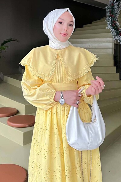 benguen Collar Detailed Lace Dress Yellow 1421
