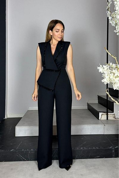 gesmoda G1428 Stone Detailed Design Jumpsuit Black