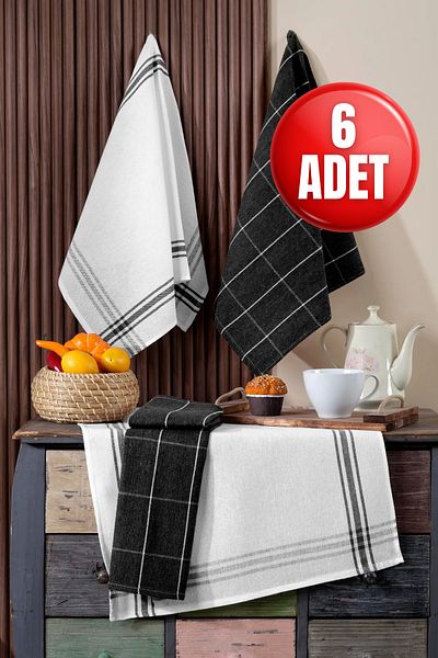 LADYNİL Set of 6 Kitchen Towels & German Napkin 50X70 cm 100% Cotton and Washed Large Checkered