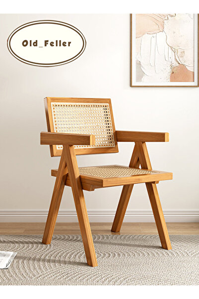 Old_Feller كرسي شانديغار العتيق بمقعد من الخيزران، أسود اللون، مناسب لتناول ا...