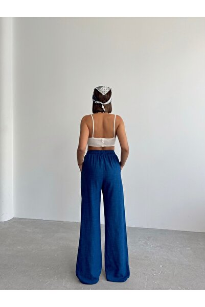 BEJNA Női sötétkék vászon bő szabású Palazzo nadrág